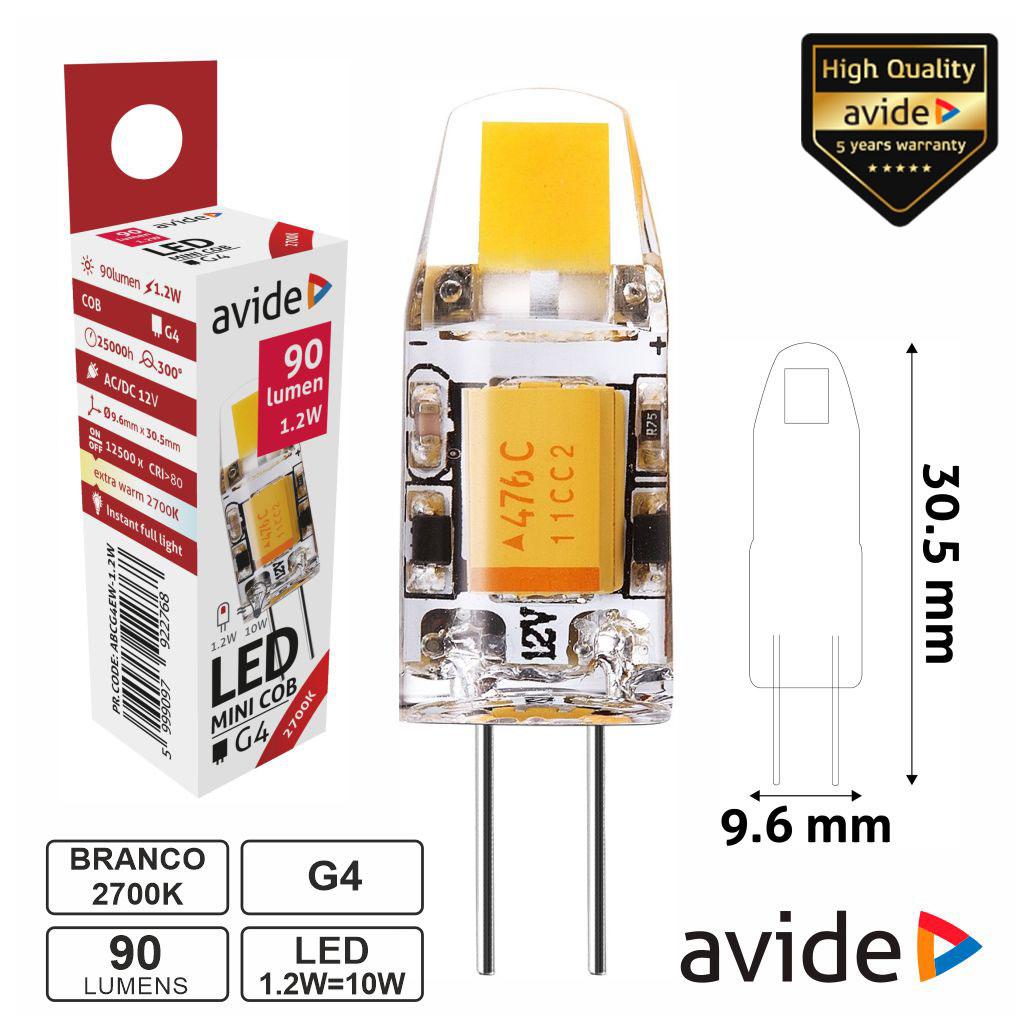 Lâmpada LED COB G4 1.2W 12V 2700k 90lm AVIDE (imagem para) Lâmpada LED COB G4 1.2W 12V 2700k 90lm AVIDE
