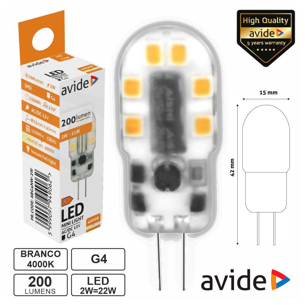Lâmpada LED G4 2W 12V 4000K 200lm AVIDE (imagem para) Lâmpada LED G4 2W 12V 4000K 200lm AVIDE