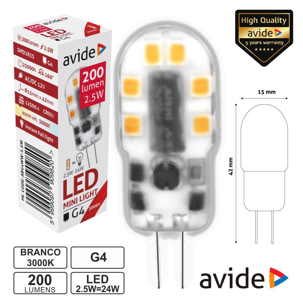 Lâmpada LED G4 2.5W 12V 3000k 200lm AVIDE (imagem para) Lâmpada LED G4 2.5W 12V 3000k 200lm AVIDE