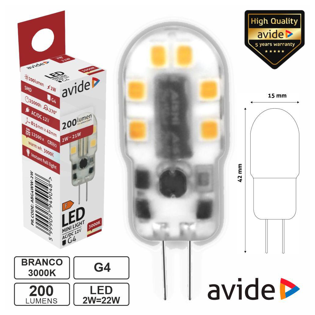 Lâmpada LED G4 2W 12V 3000K 200lm AVIDE (imagem para) Lâmpada LED G4 2W 12V 3000K 200lm AVIDE