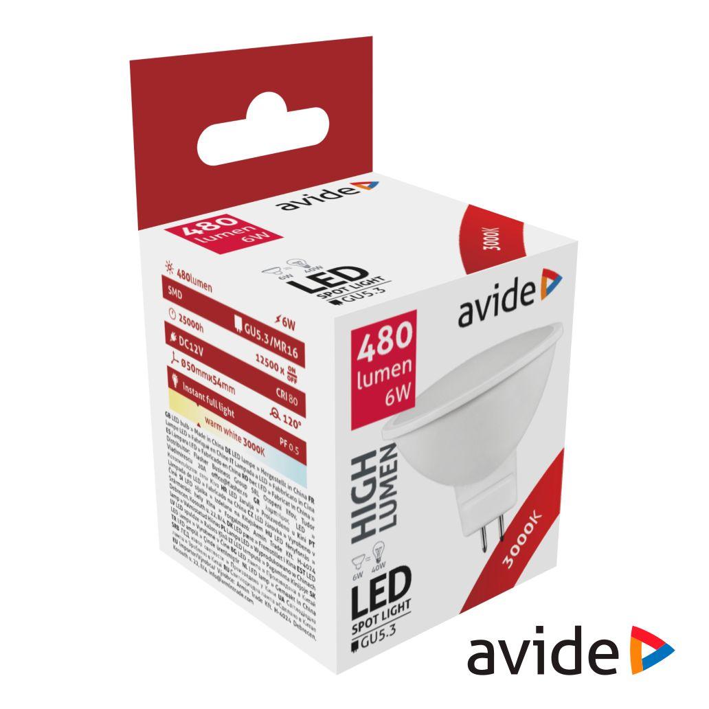 Lâmpada LED GU5.3 MR16 Spot 6W 12V 3000K 510lm 12V AVIDE (imagem para) Lâmpada LED GU5.3 MR16 Spot 6W 12V 3000K 510lm 12V AVIDE